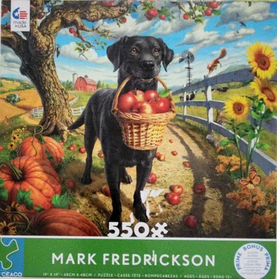 Dog Holding Basket of Apples