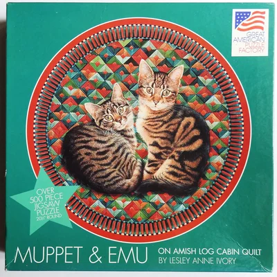 Muppet & Emu on Amish Log Cabin Quilt