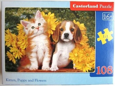 Kitten, Puppy and Flowers