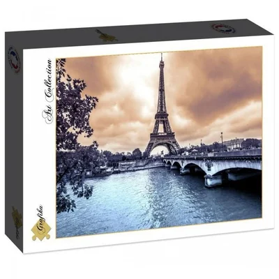 Eiffel Tower from Seine. Winter rainy day in Paris