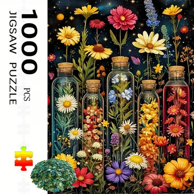 Bouteilles en Verre Florales avec Marguerites, Cosmos et Fleurs Sauvages