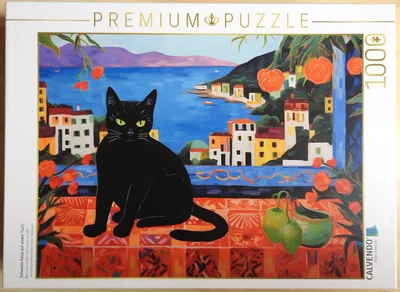 Schwarze Katze auf einem Tisch